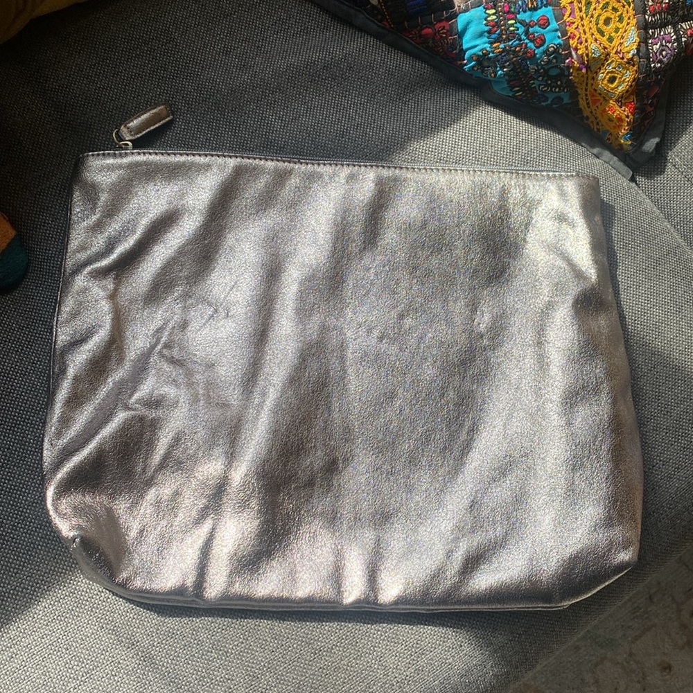 Free People Faux Leather Clutch Purse Metallic Silver Portfolio Pouch Tote Bag